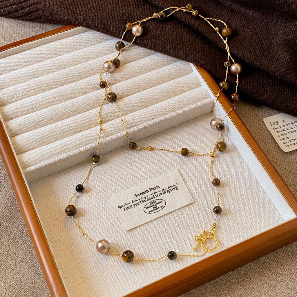 Autumn and winter double-layered tiger's eye stone and Swarovski pearl necklace for women, long style OT Stylish and trendy sweater chain