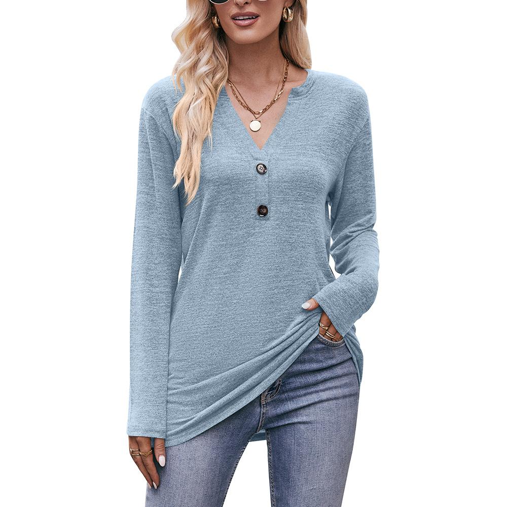 Autumn Women's Casual V-Neck Buttoned Milled Blouse Long Sleeve Top