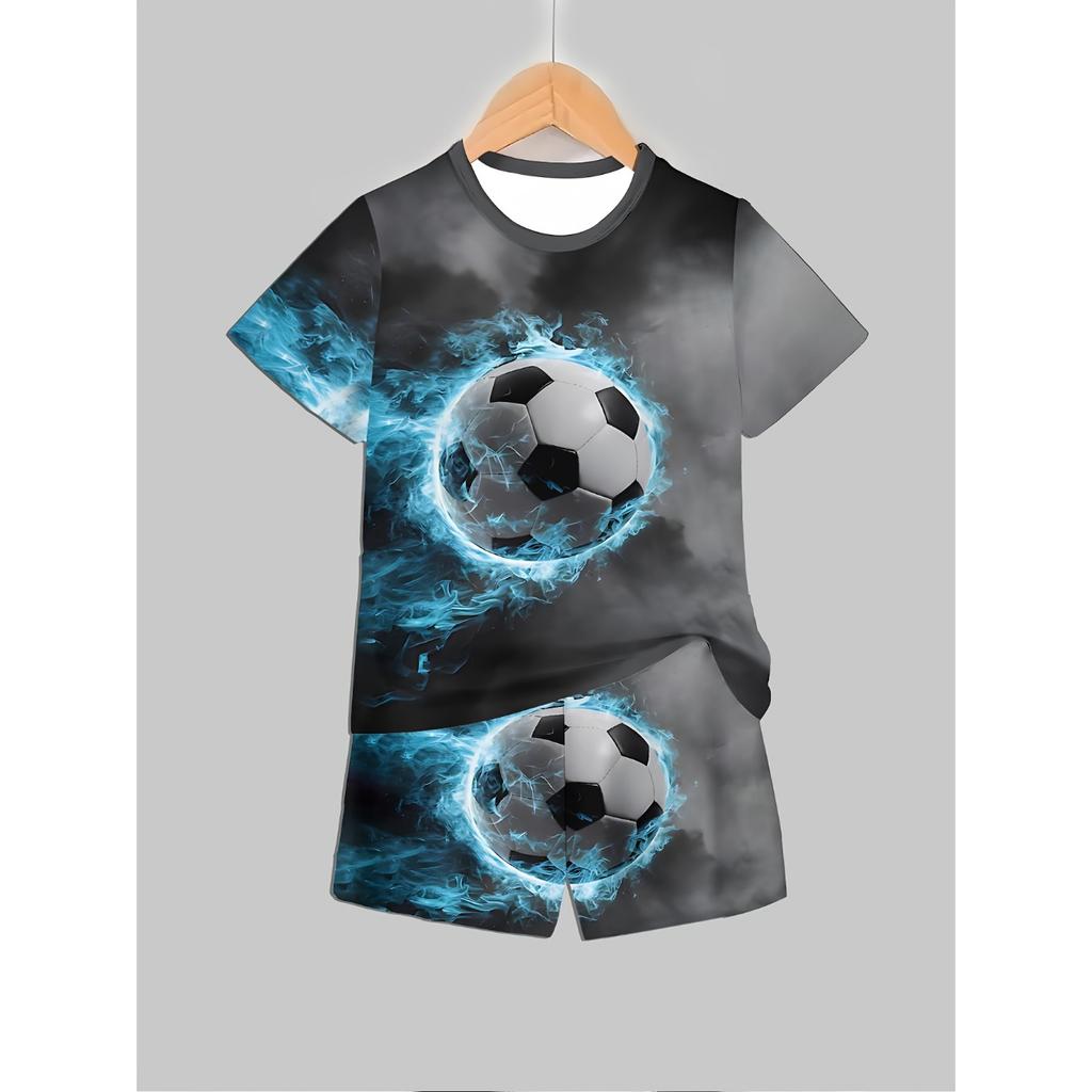 Boys' 3D Soccer Ball Print Casual Outfit - Short Sleeve T-Shirt & Shorts Set, Lightweight Polyester, Black & Blue Design