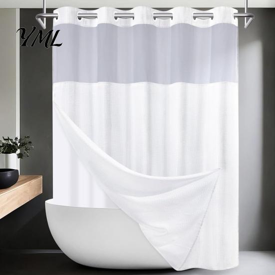 No Hook Shower Curtain for Bathroom Curtain, Waterproof with Snap-on Liner, Guest Mesh Top, Machine Washable Divider RV Hotel