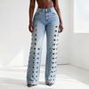 Женские прямые джинсы с высокой талией, с металлическим кольцом, вырезами, потертые, широкие брюки