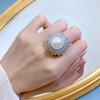 18k White Gold Pearl 14mm Faceted Gemstone Ring For Women Engagement Gift 925 Sterling Silver Luxury Jewelry