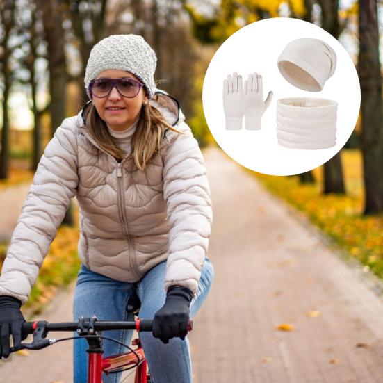 Yousheng 3 Pcs/Set Unisex Winter Hat Scarf Gloves Set Thick Knitted Ear Protection Cap Gloves Stretchy Windproof Winter Outdoor Cycling Dome Beanie