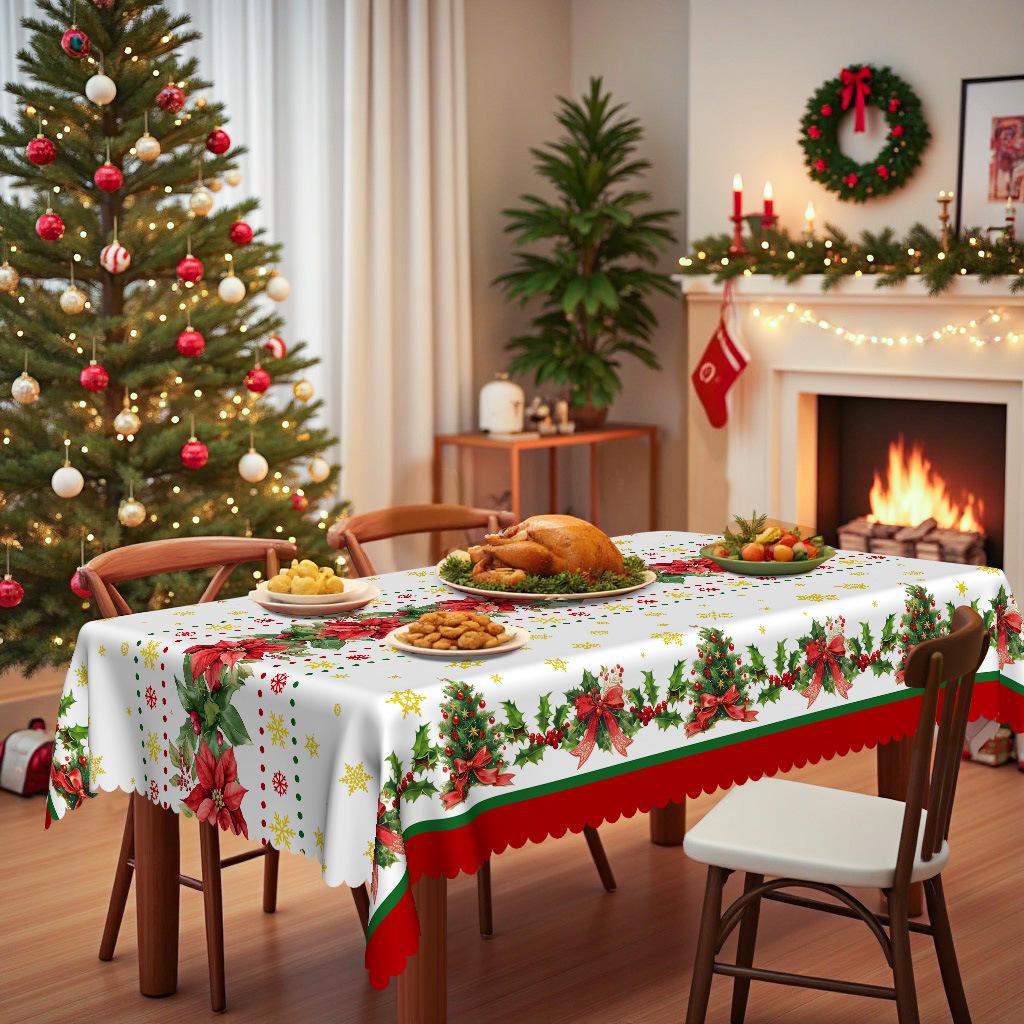 Christmas Tablecloth, Christmas Tree Red Ribbon Waterproof Tablecloth, Round Table Available, Dining Table Decoration Cover