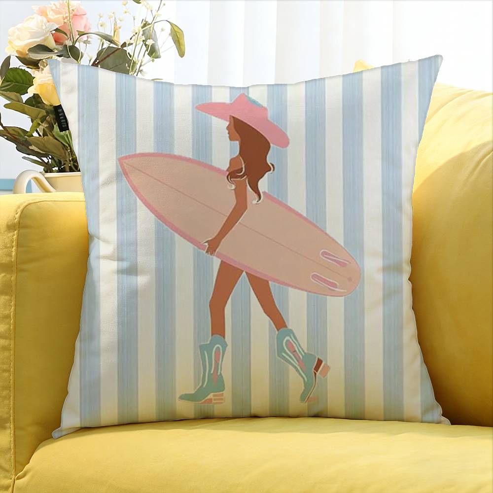 Surfboard Surfing Art Surf Girl Various Sizes Square Pillow Case For Car Home Bedchamber Decor