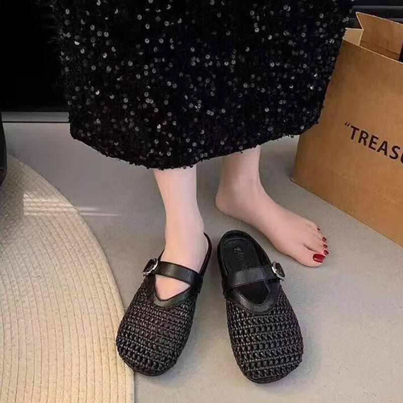 Полые тапочки-полуслипперы с сумкой на подъеме женские дышащие новые летние сетчатые для улицы с мягкой подошвой тапочки плетеные с неглубоким вырезом на плоской подошве сандалии