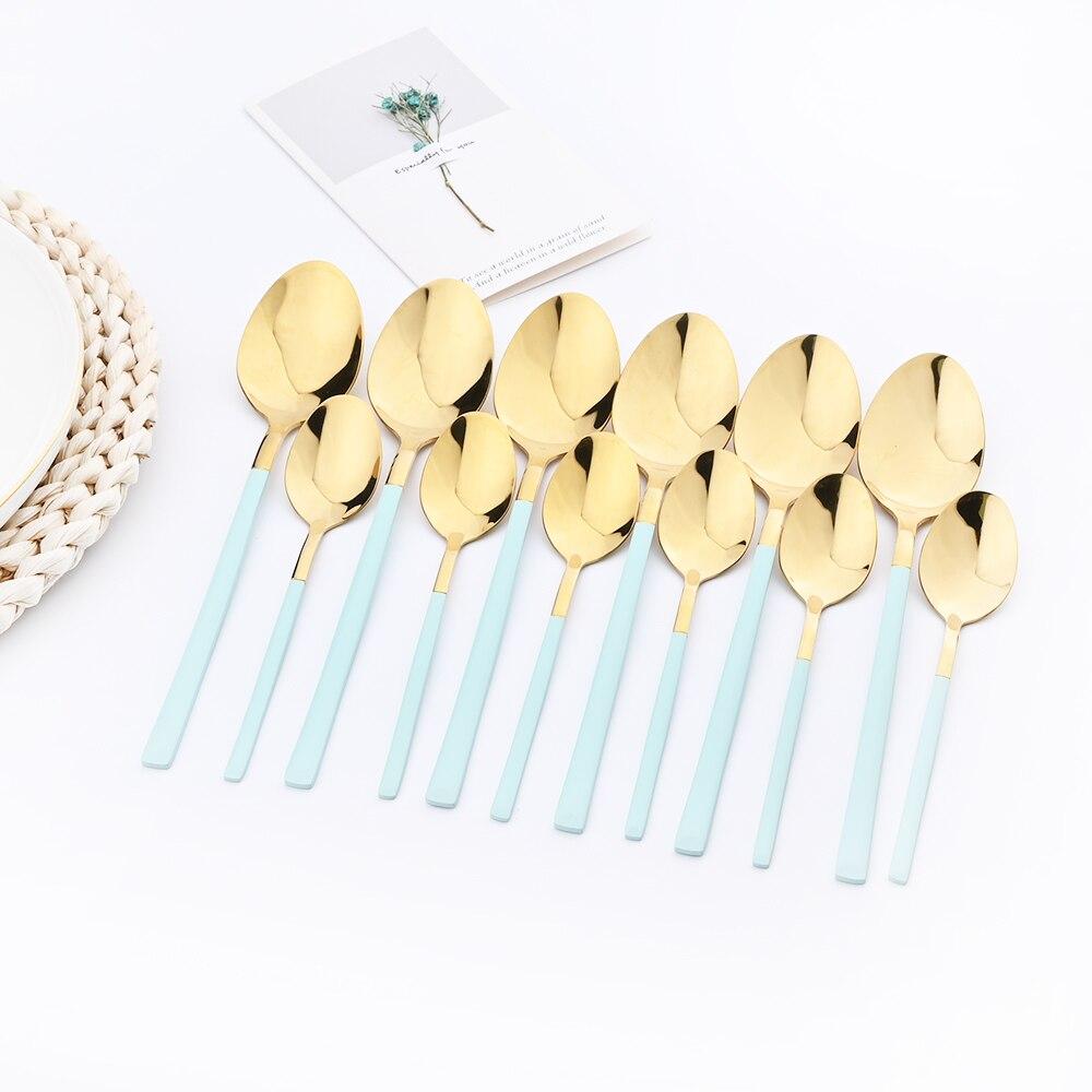 24 Pieces Sets Kitchen Tableware Cutlery Set Mint Green Gold Stainless Steel Dinnerware Set Food Flatware Mirror Silverware Set