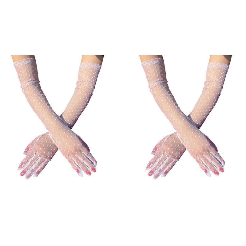 1-4Pair Fashion Women Black White Dot Lace Long Tulle Gloves Bride Wedding Stretchy Full Finger Transparent Thin Lady Mesh Glove
