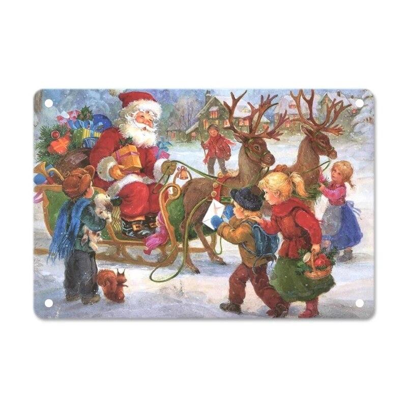 Merry Christmas Posters Tin Sign Cute Snowman and Santa Claus Metal Plaque Wall Art Decor Christmas Gift