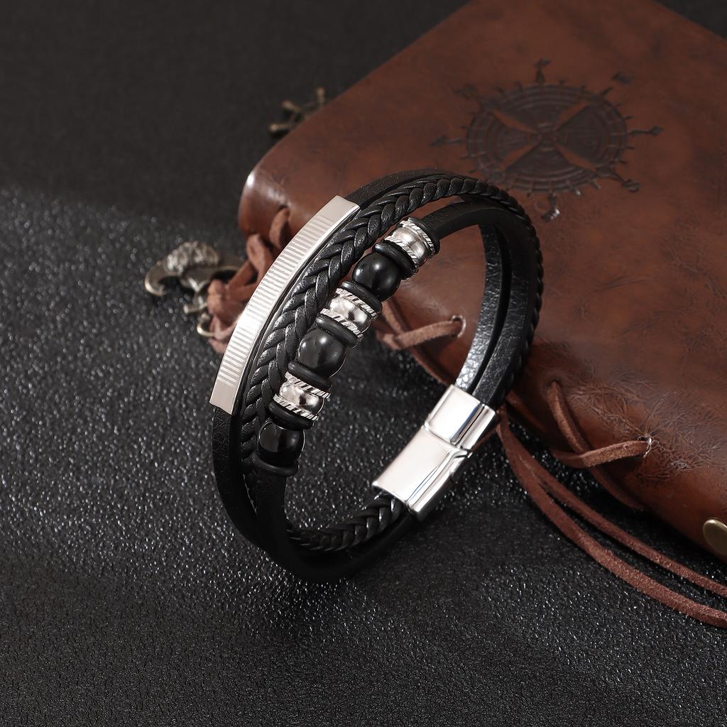 New Style Beaded Men's PU Leather Bracelet Zinc Alloy Accessories Magnetic Clasp Jewelry