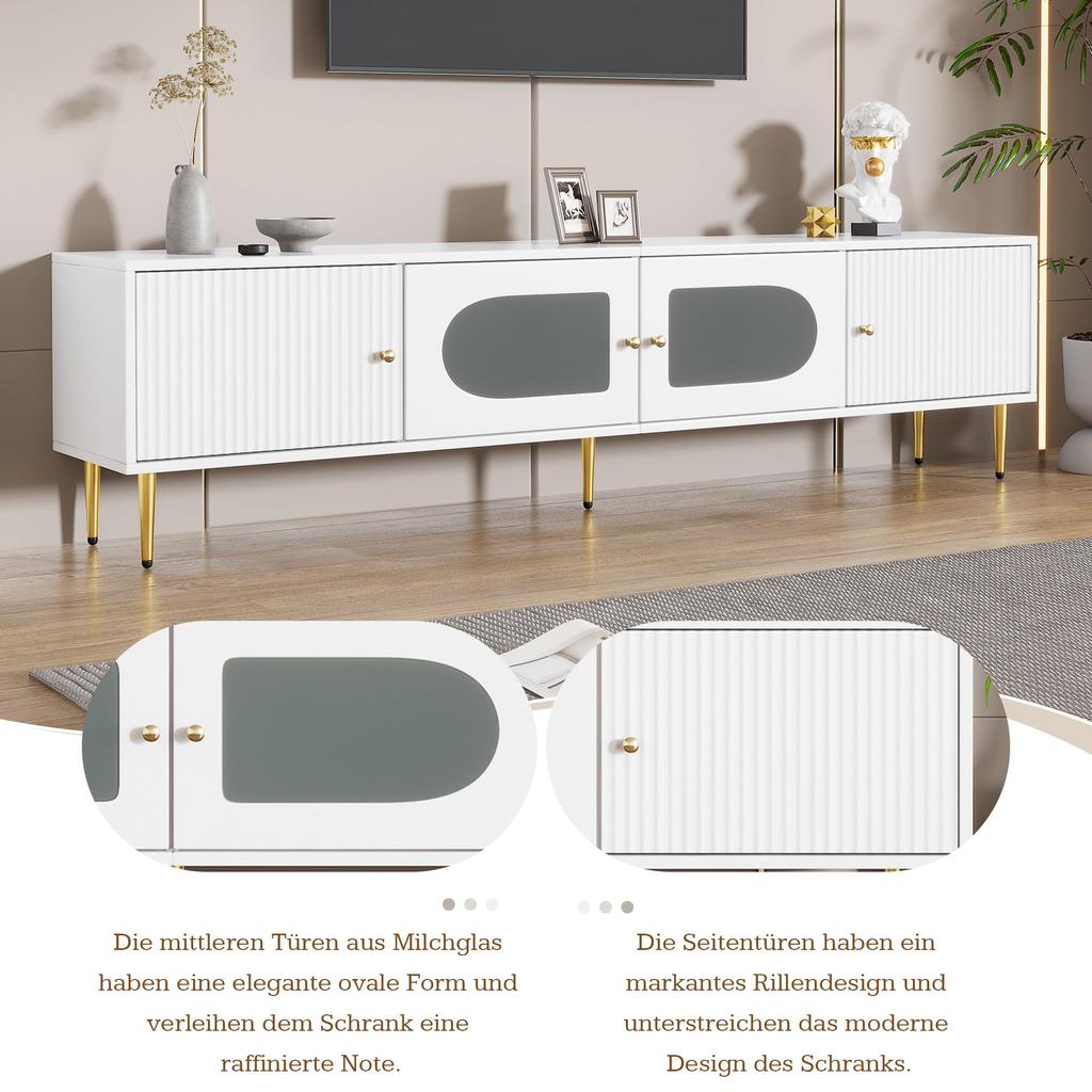 TV Schrank Lowboard 170 cm, 4 Modernes TV Board TV-ständer Mattglastür, Eleganter Fernsehtisch HiFi-Schrank Wohnzimmer Mediamöbel Weiß