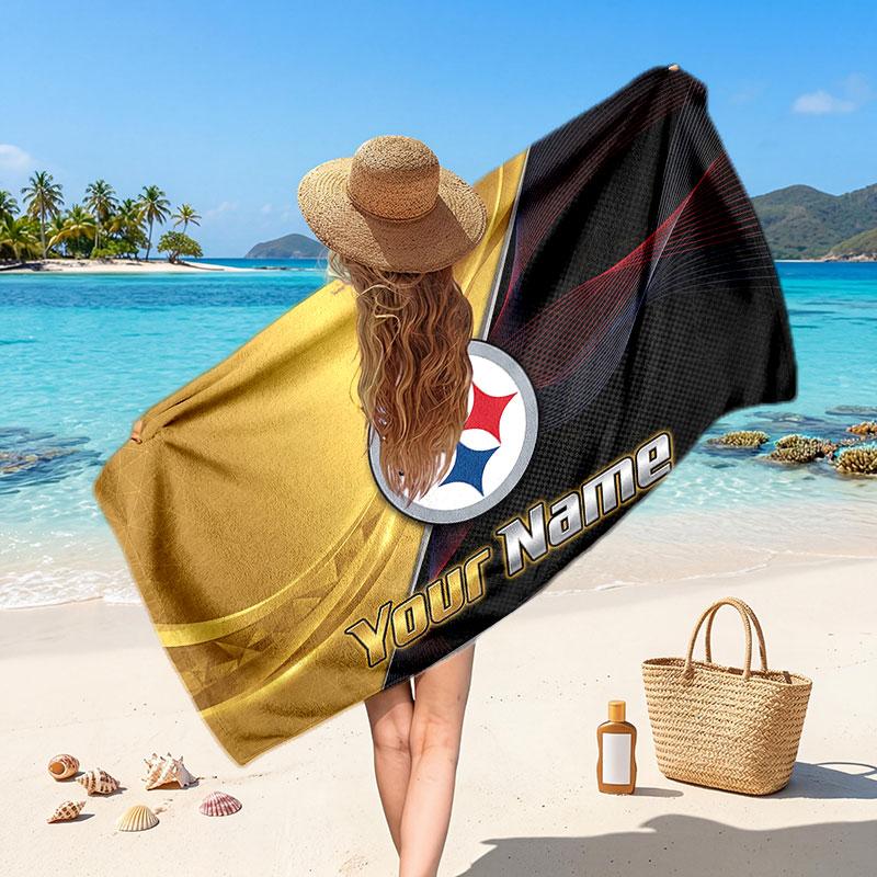 Pittsburgh Steelers Customized Name Text Beach Towel, Soft Absorbent Towel Beach Pool Travel Personal Gift