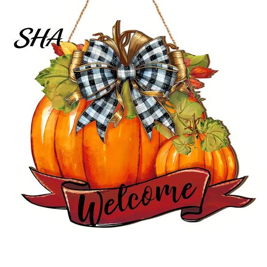 Bright Color Pumpkin Pendant Fall Welcome Sign, Thanksgiving Door Hanger, Wooden Decor Weather-resistant Sign Hanging Porch for Autumn Harvest