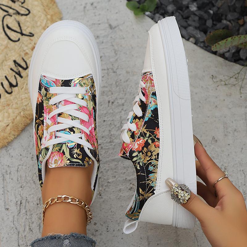 fashion Pu Leather Printed Flat Sneakers for Women 2024 Plus Size Fashion Lightweight Walking Shoes Woman Lace Up Non Slip Casual Shoes