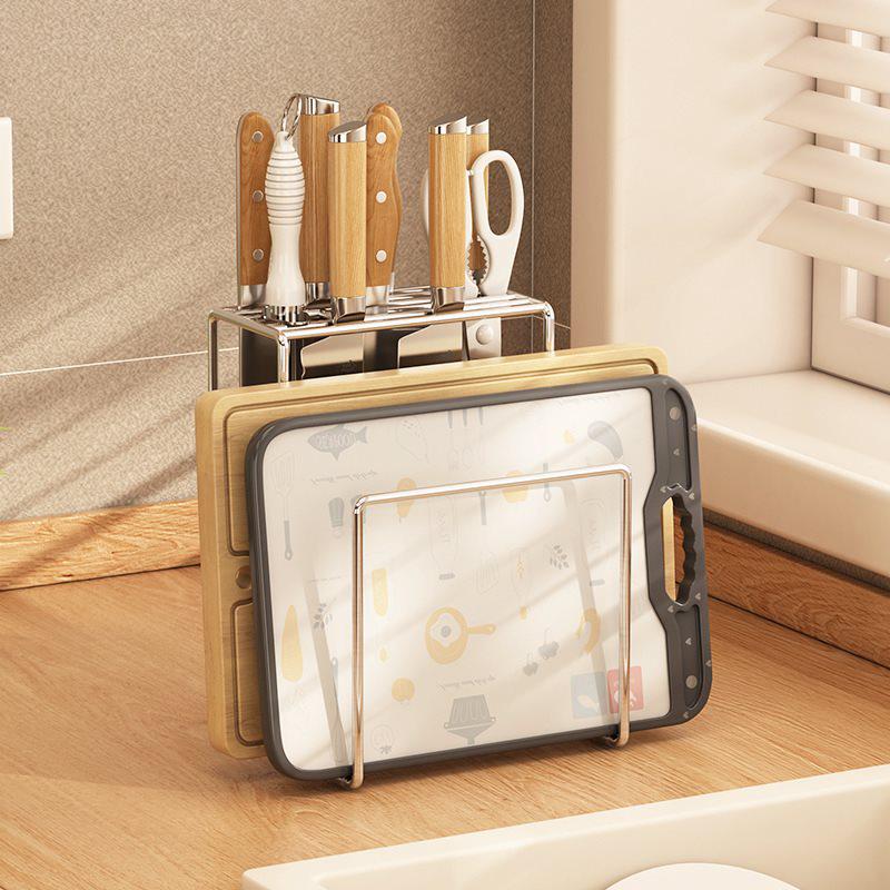 Держатель для ножей и палочек для еды из нержавеющей стали 304 для столешницы с интегрированным местом для хранения разделочных досок.