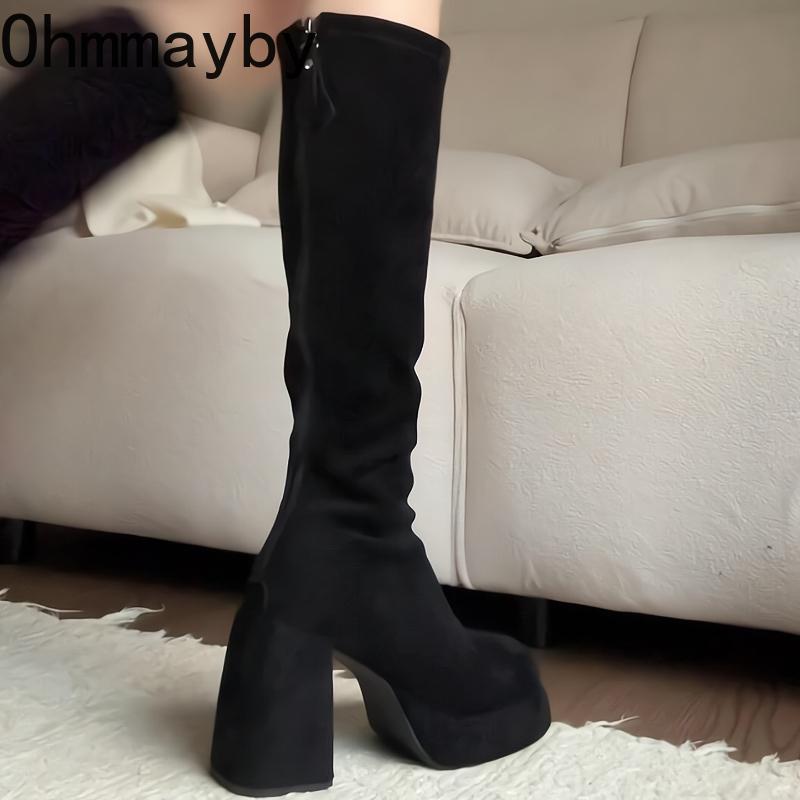 Winter Platform Thick Heels Woman Knight High Boots Sexy Round Toe Stripper Party Shoes Female Vintage Stretch Slim Long Booties