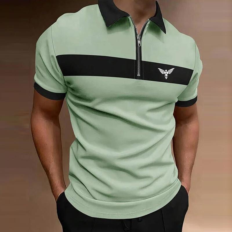 Мужская рубашка-поло на молнии с короткими рукавами, весна-лето, мужская рубашка-поло с лацканами с вышивкой.
