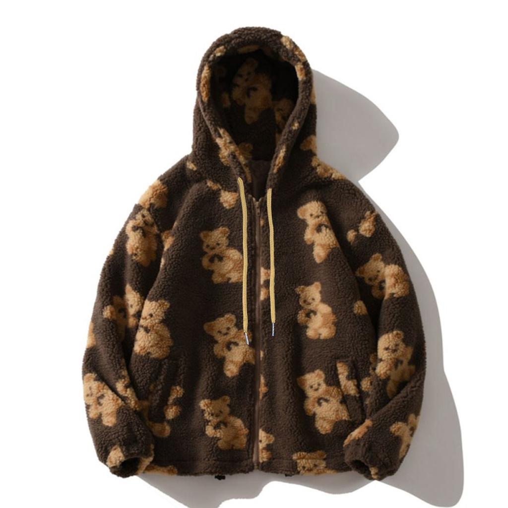 Autumn Winter Women's Hooded Plush Bear Printed Cartoon Sweater Women's Winter Warm Jacket Fleece Jacket