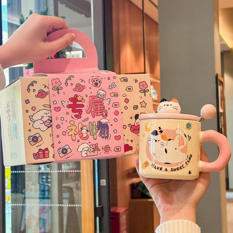 Birthday Gift Cute Cat Mug with Lid Couple Water Cup High Looking Bestie Ceramic Cup Practical Souvenir