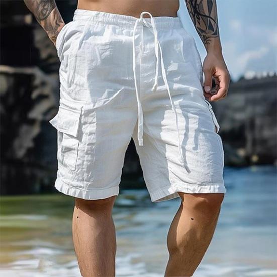 Мужские летние шорты с эластичной резинкой на талии длиной до колена, свободные, однотонные, с несколькими карманами, прямые, повседневные, пляжные шорты