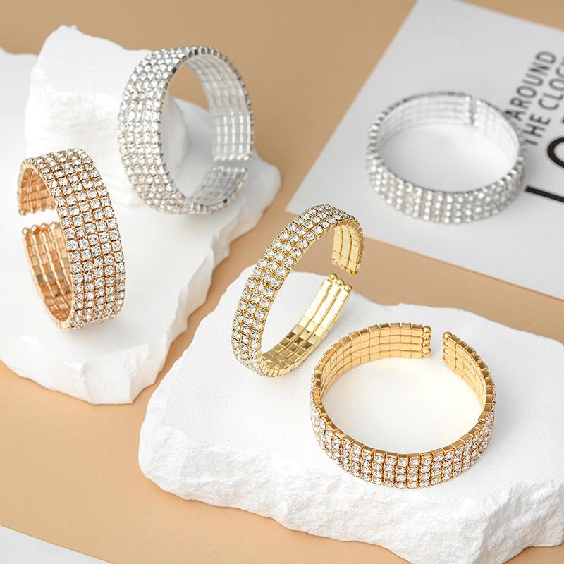 Classic Multilayer Shiny Crystal Rhinestone Cuff Bracelets Bangles Women Wristband Gold Silver Color Wedding Bracelet Jewelry