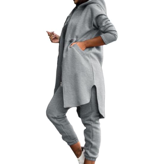 Женский комплект из 2 шт./компл., пальто, брюки, с капюшоном, нерегулярный разрез, застежка-молния с длинным рукавом, свободные флисовые однотонные брюки с эластичной резинкой на талии, ремешки на щиколотке