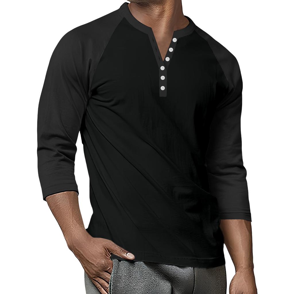 Men's Button-Down Contrast Raglan 3/4 Sleeve Top