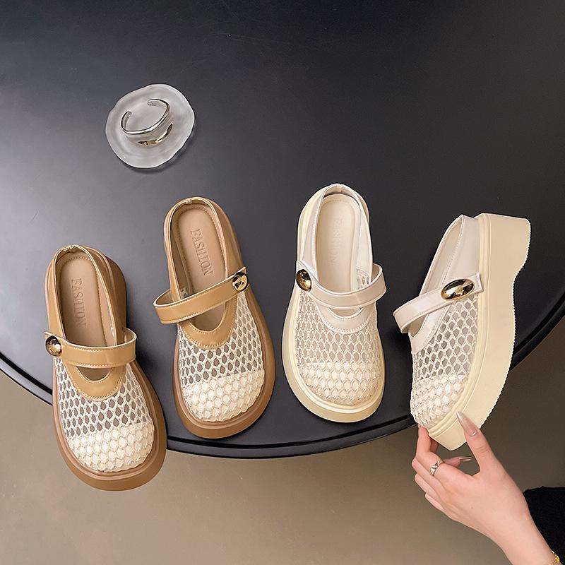 Полушлепанцы 2025 лето новые круглый носок модные корейская версия сетчатые дышащие платформа повседневные шлепанцы женская обувь крутые шлепанцы