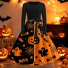Womens Casual Long Sleeve Halloween Dress Round Neck Fit and Flare Midi Dress with Printed Skirt and Waist Tie Belt