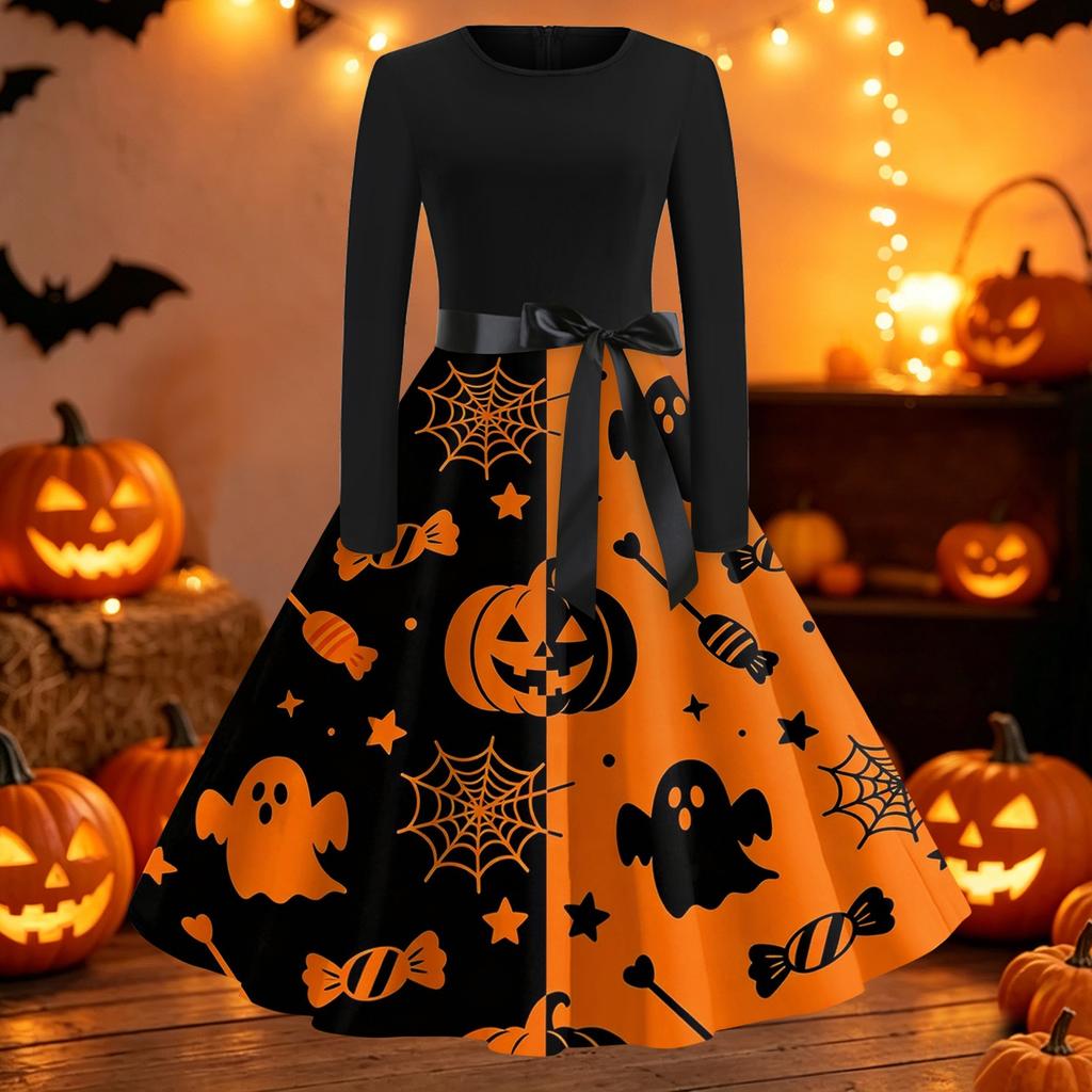 Womens Casual Long Sleeve Halloween Dress Round Neck Fit and Flare Midi Dress with Printed Skirt and Waist Tie Belt