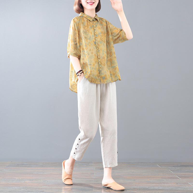 Женский летний костюм-двойка из хлопка и льна с цветочным принтом и короткими рукавами 2023 года — свободный крой, облегающее платье в корейском стиле
