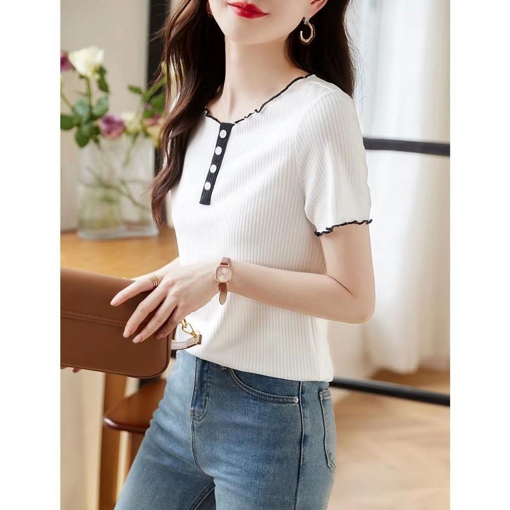 Tshirt Summer Casual Cotton Blend With Color Blocking Design Forwomen