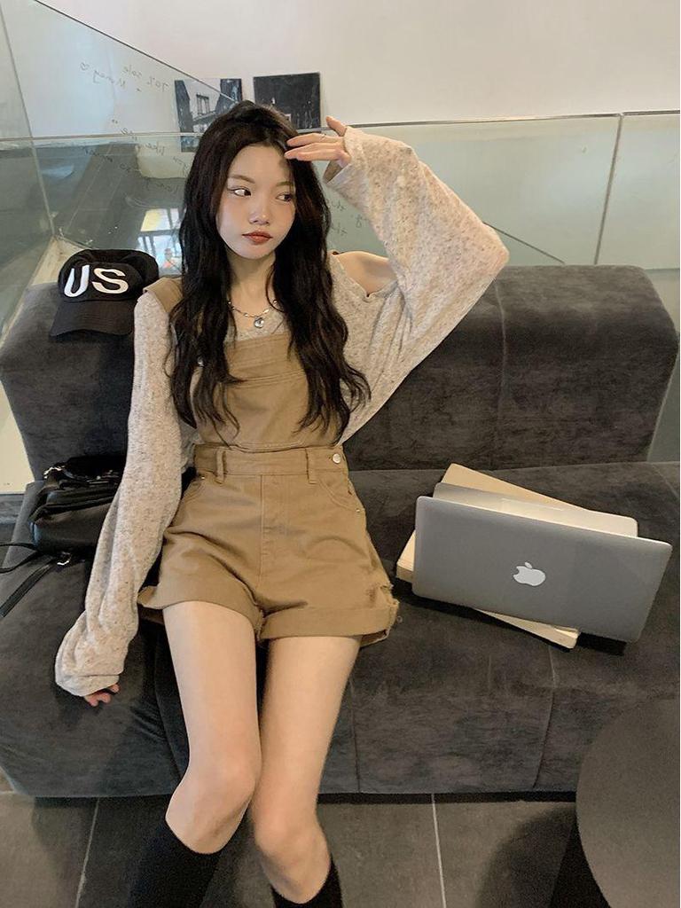 Солнцезащитная рубашка с открытыми плечами и универсальные джинсовые шорты-комбинезон для женщин