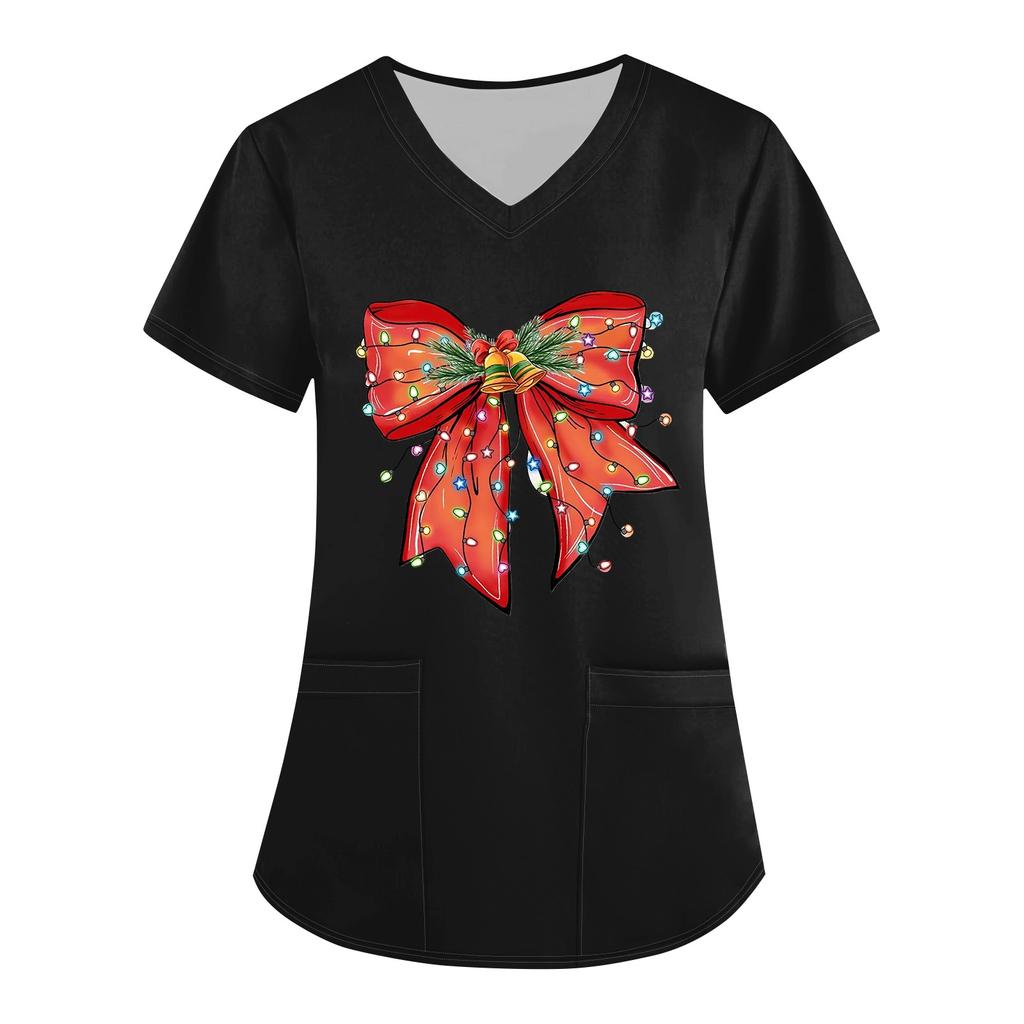 Women's Christmas Printed Uniform Work Uniform V-Neck Pocket Protective Work Uniform