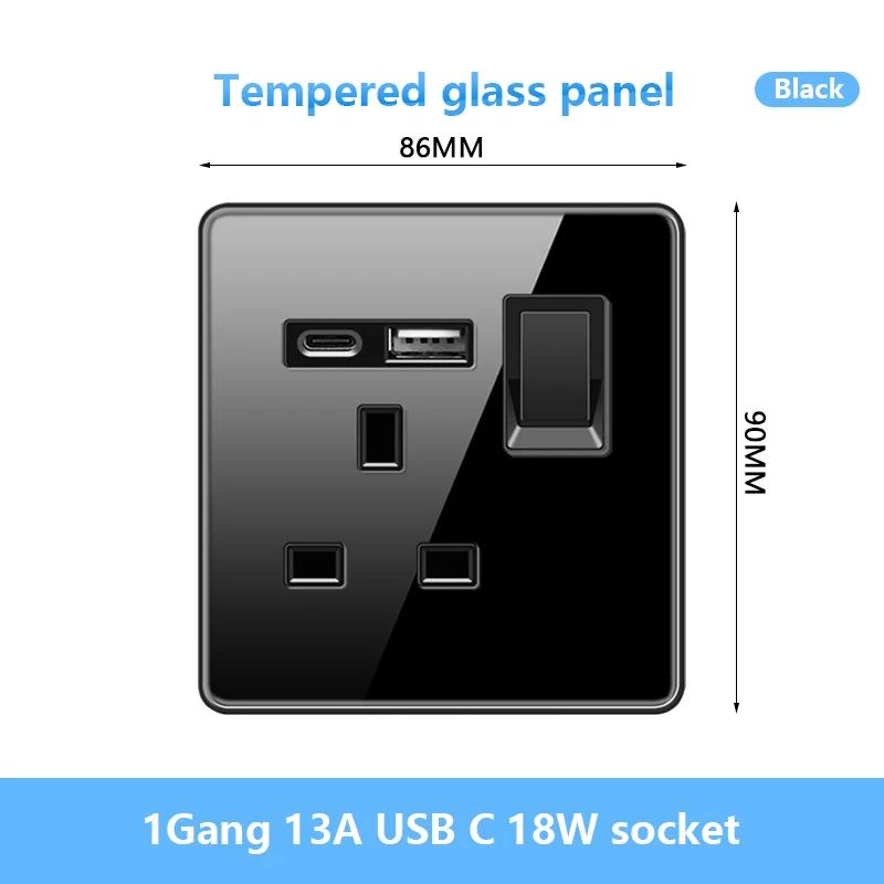 Универсальная настенная розетка Type-C мощностью 18 Вт с портами USB, быстрая зарядка, панель из закаленного стекла, розетка питания, стандарт Великобритании, двойная зарядная розетка USB