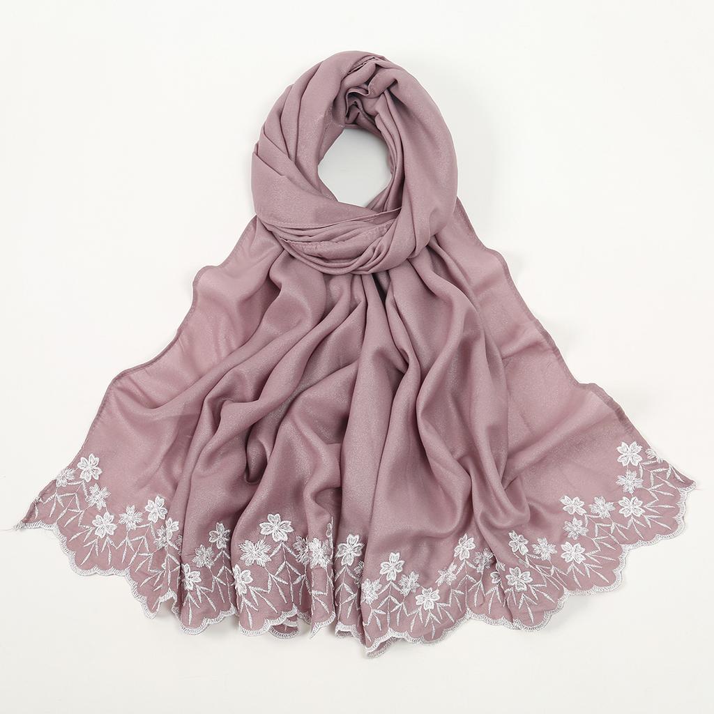 Solid Color Chiffon Embroidery Hijab - Ruffled Edge Long Scarf Islam Hijabs Women's Turbans Head Wrap Lightweight Scarf