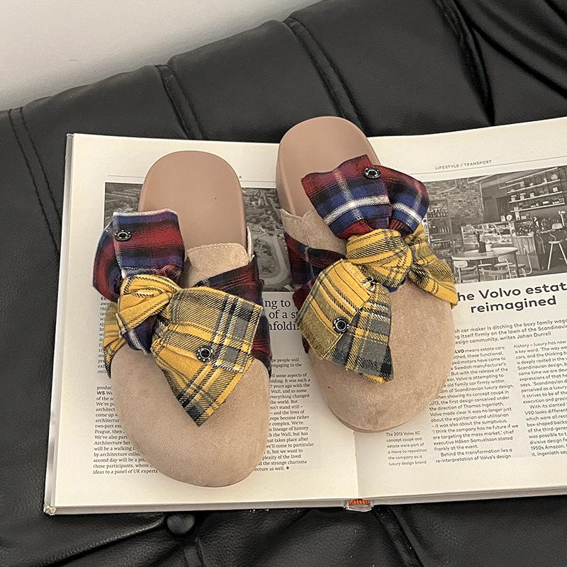 Ретро дизайн джинсовые клетчатые баотоу полушлепанцы с бантом женские 2025 лето новые милые ленивые сандалии