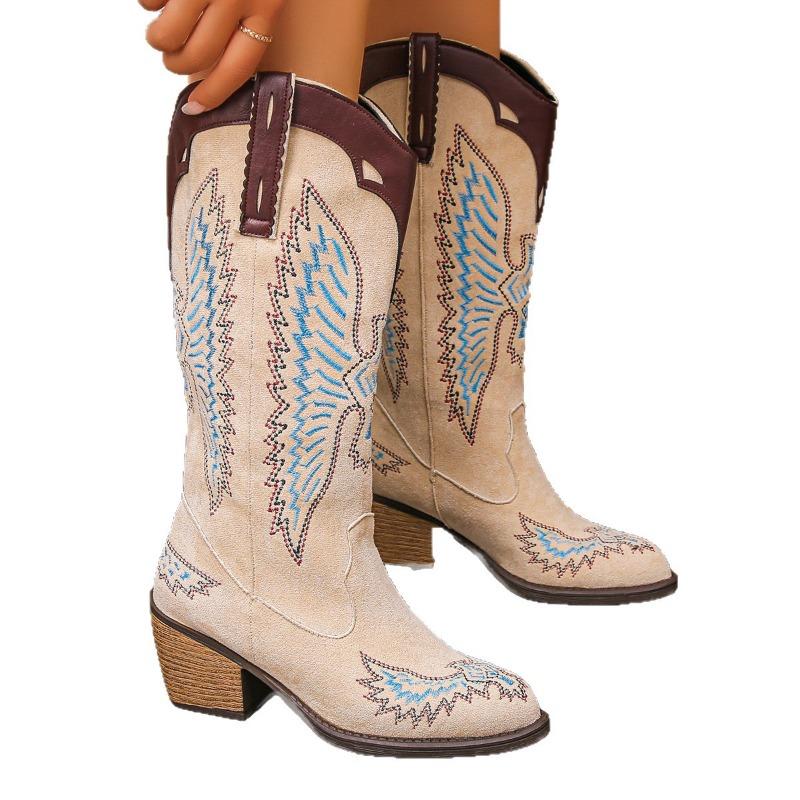 Women's Wide Width Pointed Toe Cowboy Boots, Chunky Heel Knee High Western Boots, European Style Long Boots for Women