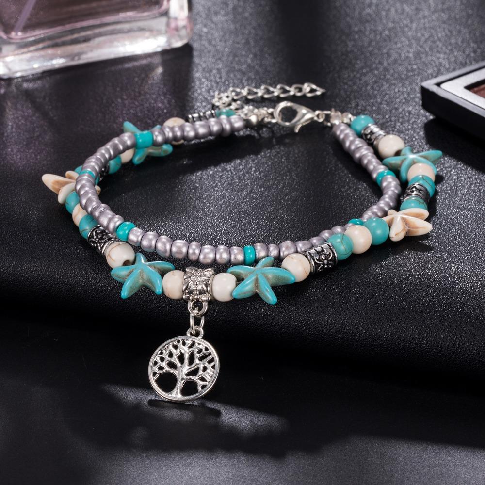 Bohemian Wind Beach Anklet Rice Bead Beaded Versatile Double-layer Versatile Turquoise Love Foot Decoration Women