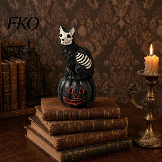 Outdoor Small Landscaping Ornament Halloween Skull Black Cat Pumpkin Figurine, Gothic Statue with Hollow Ribs, Resin Carved Decoration