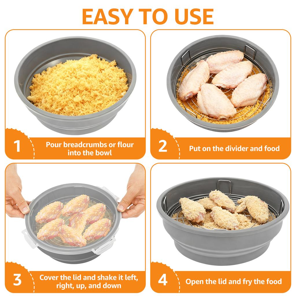 Foldable Batter Bowl Silicone Breading Shaker Bowl with Lid Breadcrumb Mixing Bowl Breading Shaker Container for Cooking Camping