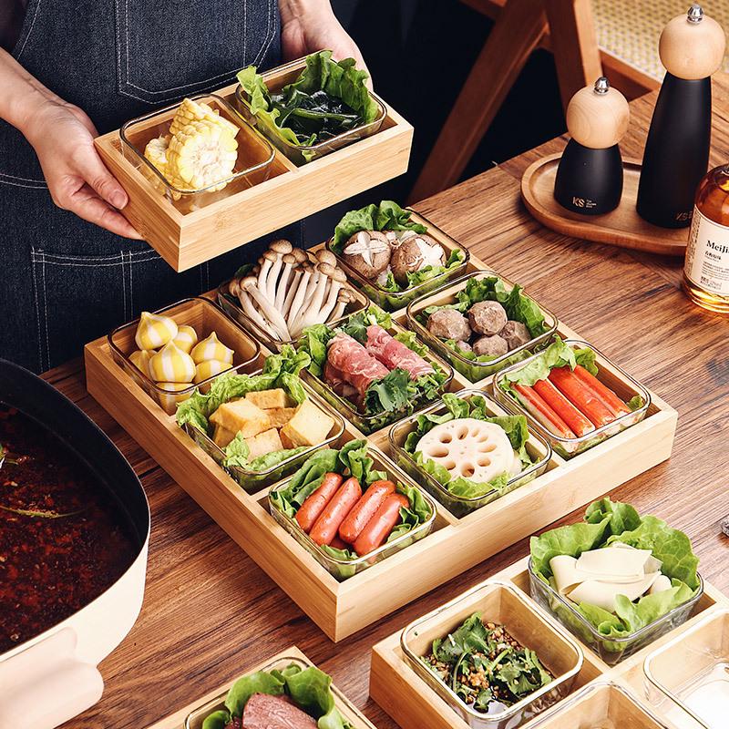 Поднос для закусок из бамбука в японском стиле: Девятирешетчатая жаровня и барбекю-тарелка с овощной тарелкой