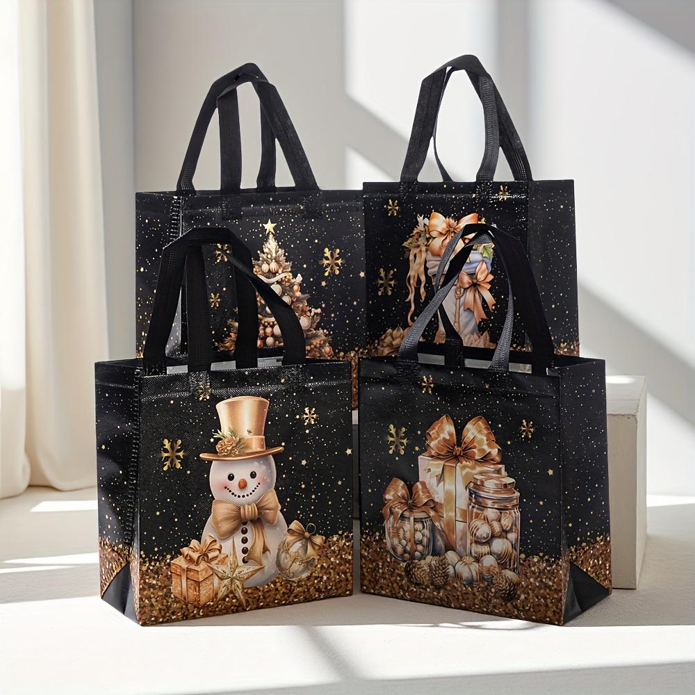 20pcs Festive Christmas Gift Bags - Snowman, Tree & Stocking Design, Black Handles, Non-Woven Tote Bags for Holiday Parties, Christmas Gift Bags