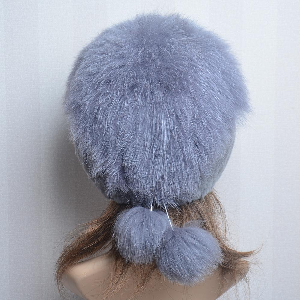 New Lady Winter Warm Natural Rex Rabbit Fur Hat Women Elastic Soft Handmade Knitted Real Fur Cap Fox Fur Beanies Hats