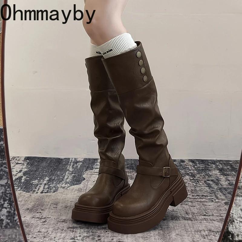 Thick Heel Women Knee High Boots Fashion Slip On Shoes Autumn Winter Laides Concise Knight Long Botas De Mujer