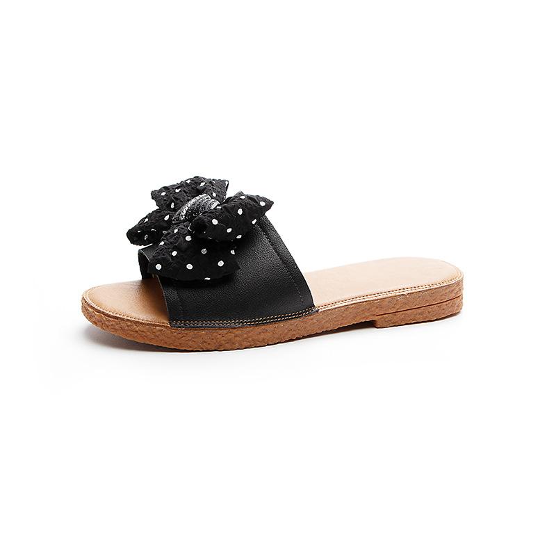 Soft Bottom Large Size Summer Wear 2025 New Bow Flat Bottom One Word Women's Fashion Beach First Layer Cowhide Cool Slippers