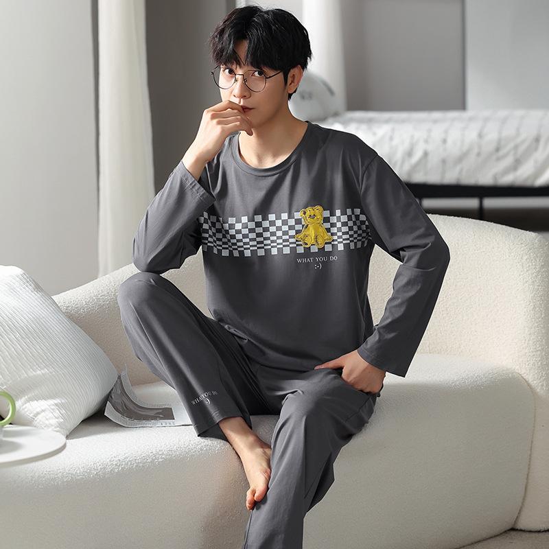 Тип Пижамный костюм из чистого хлопка на осень-зиму для мужчин с длинными рукавами из хлопка, комплект домашней одежды для мужчин, мягкая домашняя одежда для мужчин