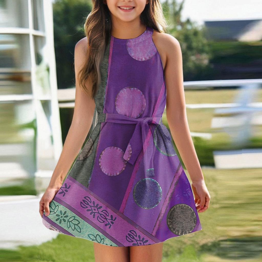 Летнее платье для девочек Платье без рукавов на бретельках Однотонное платье без рукавов с принтом Повседневное платье