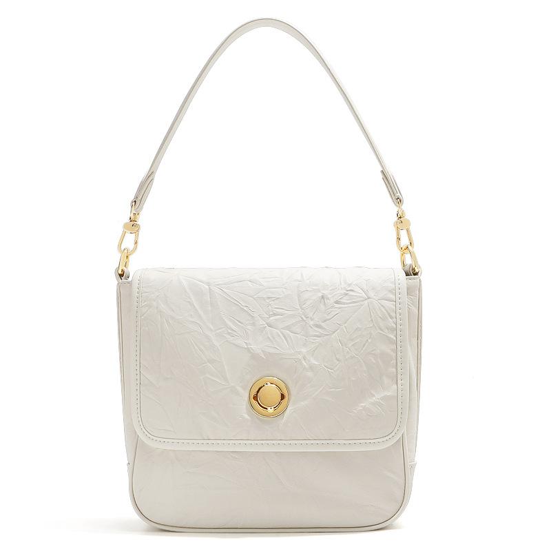 2026 new one-shoulder underarm bag, first-layer cowhide hand-scratched women's niche high-end pleated retro tote bag