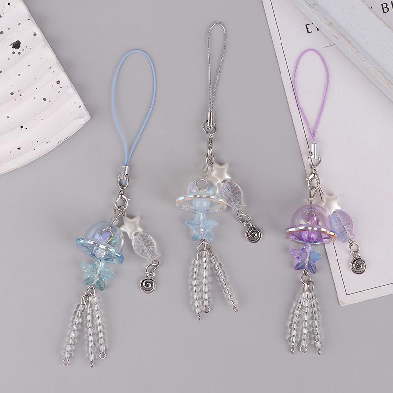 1Pc Y2K Jellyfish Phone Charm Keychain Star Pearl Mobile Phone Chain Unique Fringe Phone Lanyard For Women Girls
